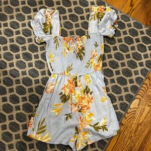 Billabong Girls Floral Smocked Romper in Light Blue, Yellow & Green